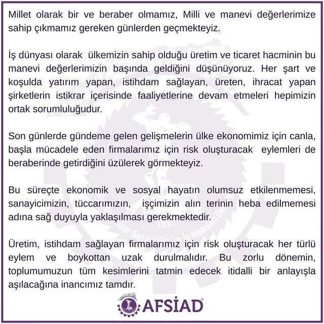 Afyonkarahisar Sanayicinin ve İş İnsanlarının Derneği, Milli ve Manevi Değerlerimize Sipariş Veriyor