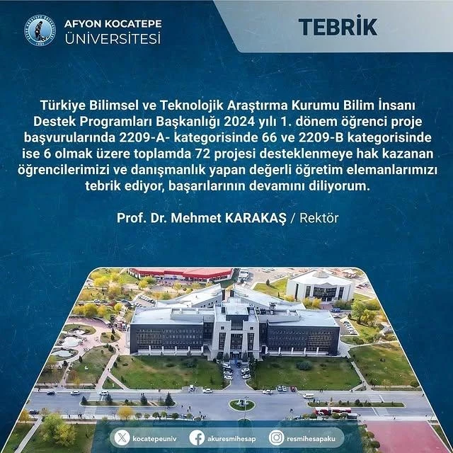 Afyon Kocatepe Üniversitesi Öğrencilerinin 72 Projesi TÜBİTAK Tarafından Desteklendi